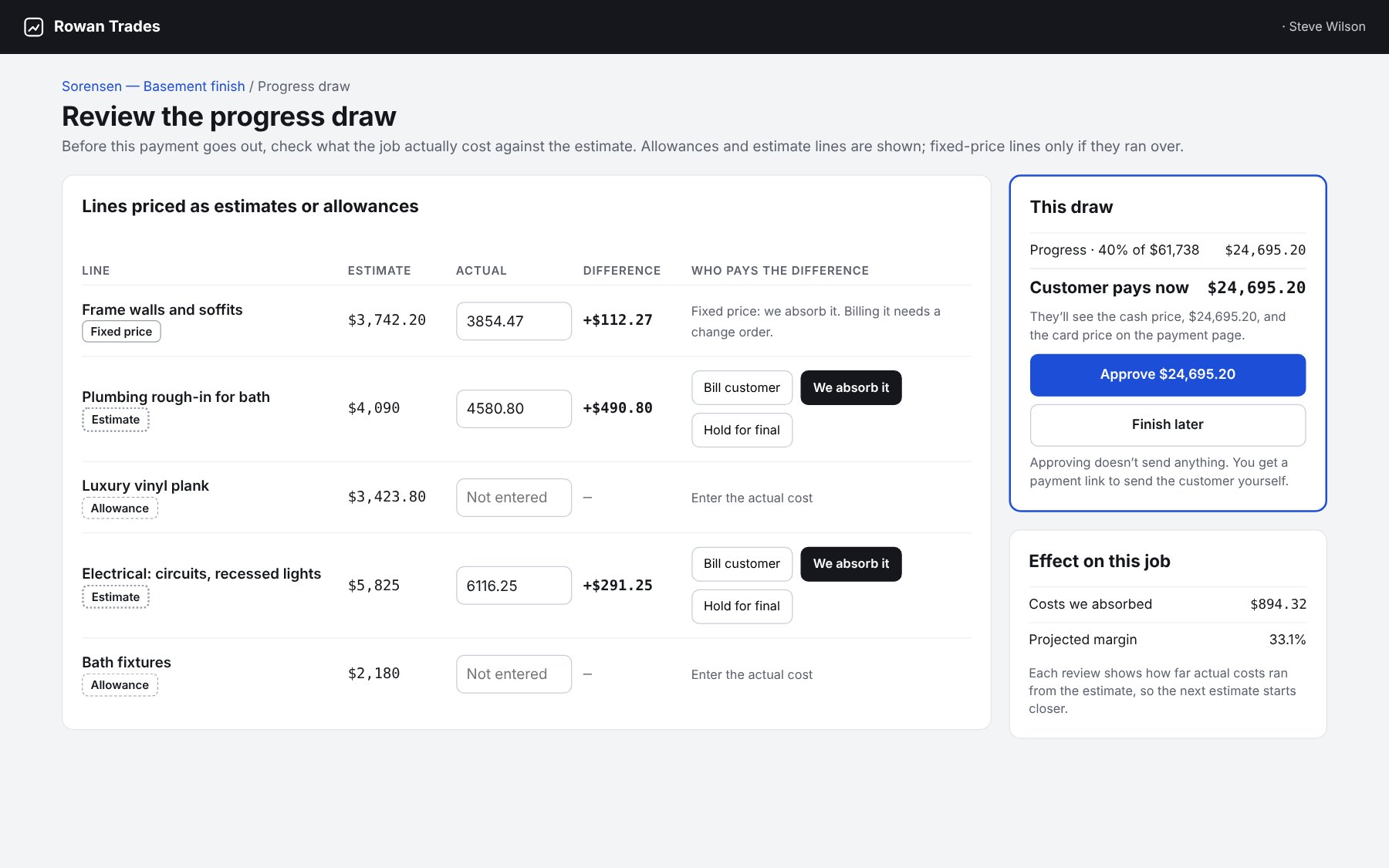 Reviewing a progress draw: estimate and actual cost for each line and the amount the customer pays